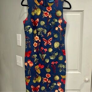 J. McLaughlin blue Red and Yellow Sheath Midi Dress Mock Sleeveless TU